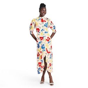Rixo Floral Mock Neck Cascade Ruffle Dress